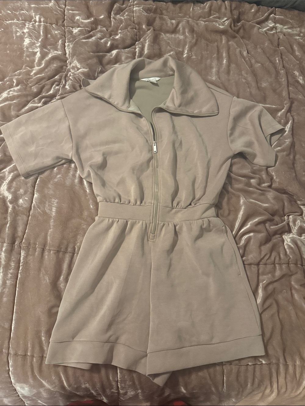 Taupe Short-Sleeve Zip Front Romper